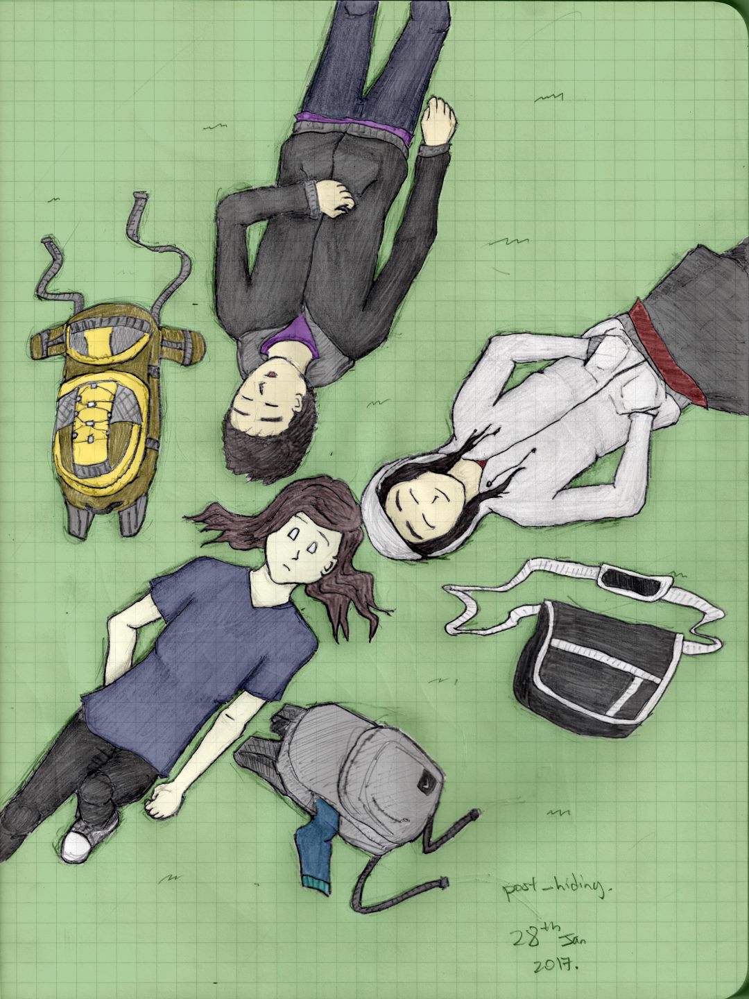 Three characters lying on grass.